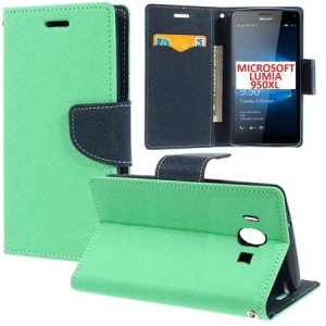 CUSTODIA FLIP ORIZZONTALE per MICROSOFT LUMIA 950 XL, LUMIA 950 XL DUAL CON INTERNO IN TPU, STAND E PORTA CARTE VERDE ACQUA