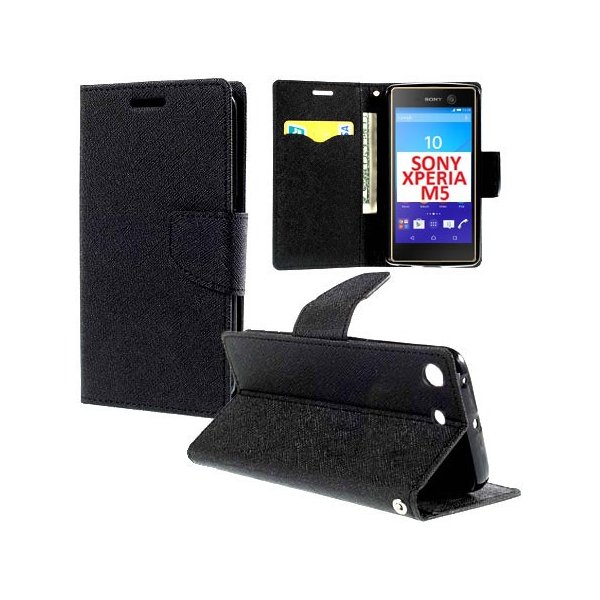 CUSTODIA FLIP ORIZZONTALE per SONY XPERIA M5, XPERIA M5 DUAL CON INTERNO IN TPU SILICONE, STAND E TASCHE PORTA CARTE COLORE NERO