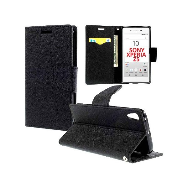 CUSTODIA FLIP ORIZZONTALE per SONY XPERIA Z5, XPERIA Z5 DUAL CON STAND, INTERNO IN TPU SILICONE E TASCHE PORTA CARTE COLORE NERO