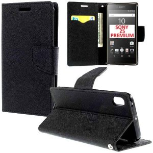 CUSTODIA FLIP ORIZZONTALE per SONY XPERIA Z5 PREMIUM CON STAND, INTERNO IN TPU SILICONE E TASCHE PORTA CARTE COLORE NERO