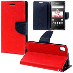 CUSTODIA FLIP ORIZZONTALE per SONY XPERIA Z5 PREMIUM CON STAND, INTERNO IN TPU SILICONE E TASCHE PORTA CARTE COLORE ROSSO