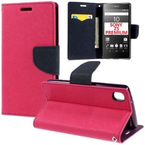 CUSTODIA FLIP ORIZZONTALE per SONY XPERIA Z5 PREMIUM CON STAND, INTERNO IN TPU SILICONE E TASCHE PORTA CARTE COLORE FUCSIA