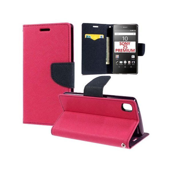 CUSTODIA FLIP ORIZZONTALE per SONY XPERIA Z5 PREMIUM CON STAND, INTERNO IN TPU SILICONE E TASCHE PORTA CARTE COLORE FUCSIA