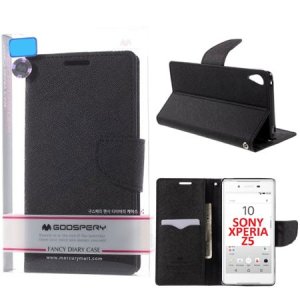 CUSTODIA FLIP ORIZZONTALE per SONY XPERIA Z5 CON INTERNO IN TPU, STAND E PORTA CARTE COLORE NERO FANCY DIARY MERCURY