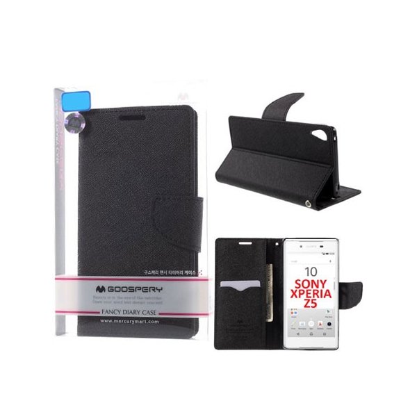 CUSTODIA FLIP ORIZZONTALE per SONY XPERIA Z5 CON INTERNO IN TPU, STAND E PORTA CARTE COLORE NERO FANCY DIARY MERCURY