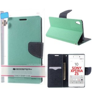 CUSTODIA FLIP ORIZZONTALE per SONY XPERIA Z5 CON INTERNO IN TPU, STAND E PORTA CARTE COLORE VERDE ACQUA FANCY DIARY MERCURY