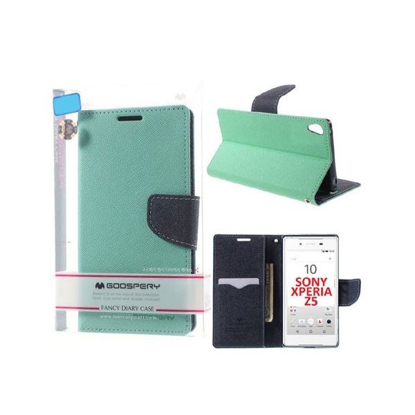 CUSTODIA FLIP ORIZZONTALE per SONY XPERIA Z5 CON INTERNO IN TPU, STAND E PORTA CARTE COLORE VERDE ACQUA FANCY DIARY MERCURY