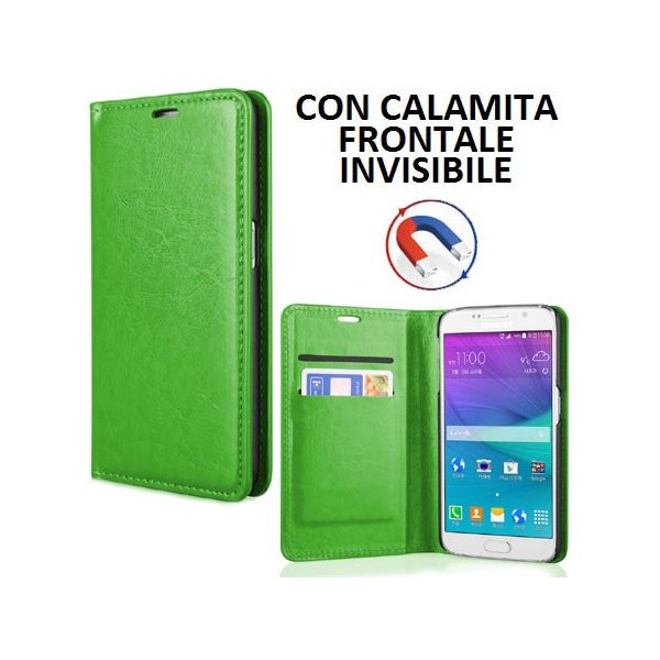 CUSTODIA FLIP ORIZZONTALE SIMILPELLE per SAMSUNG SM-G920 GALAXY S6 CON CHIUSURA MAGNETICA INVISIBILE E PORTA CARTE VERDE