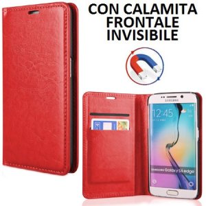 CUSTODIA FLIP ORIZZONTALE SIMILPELLE per SAMSUNG SM-G925 GALAXY S6 EDGE CON CHIUSURA MAGNETICA INVISIBILE COLORE ROSSO