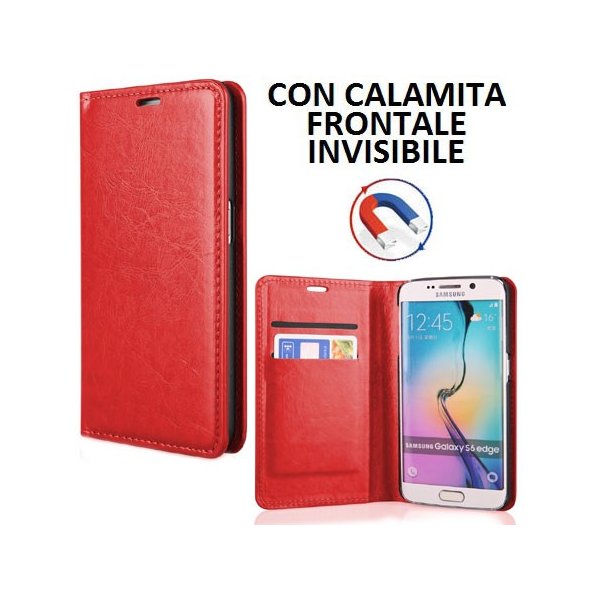 CUSTODIA FLIP ORIZZONTALE SIMILPELLE per SAMSUNG SM-G925 GALAXY S6 EDGE CON CHIUSURA MAGNETICA INVISIBILE COLORE ROSSO