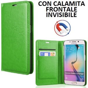 CUSTODIA FLIP ORIZZONTALE SIMILPELLE per SAMSUNG SM-G925 GALAXY S6 EDGE CON CHIUSURA MAGNETICA INVISIBILE COLORE VERDE