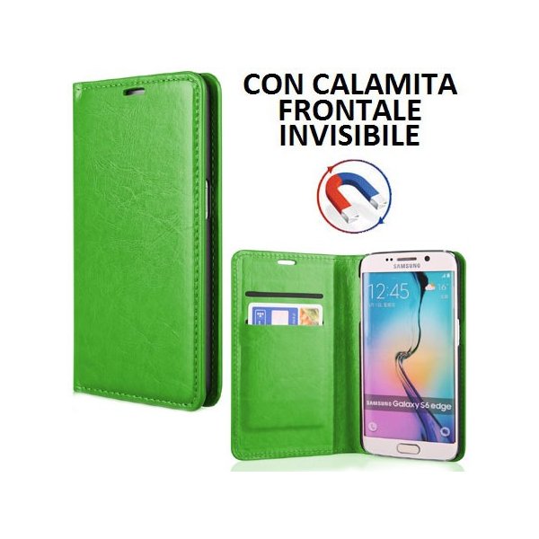 CUSTODIA FLIP ORIZZONTALE SIMILPELLE per SAMSUNG SM-G925 GALAXY S6 EDGE CON CHIUSURA MAGNETICA INVISIBILE COLORE VERDE