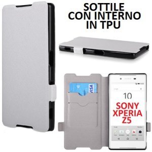 CUSTODIA FLIP ORIZZONTALE SLIM per SONY XPERIA Z5 CON INTERNO IN TPU SILICONE E CHIUSURA MAGNETICA LATERALE COLORE BIANCO