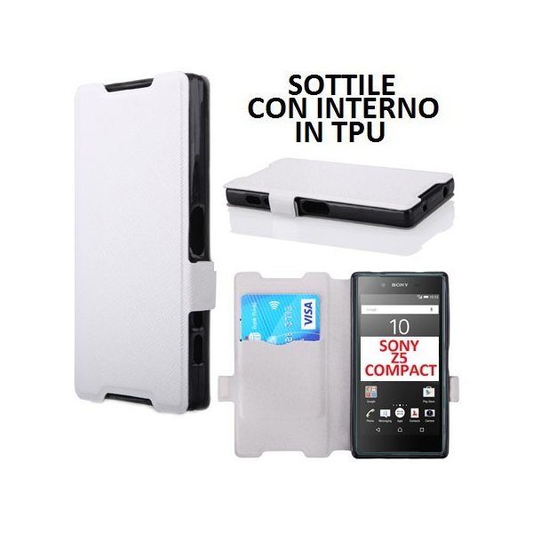 CUSTODIA FLIP ORIZZONTALE SLIM per SONY XPERIA Z5 COMPACT CON INTERNO IN TPU E CHIUSURA MAGNETICA COLORE BIANCO