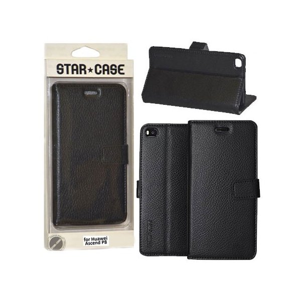 CUSTODIA FLIP ORIZZONTALE SIMILPELLE per HUAWEI ASCEND P8 CON INTERNO IN TPU, STAND E PORTA CARTE COLORE NERO ALTA QUALITA'