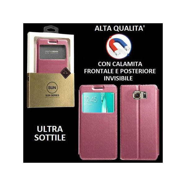 CUSTODIA FLIP ORIZZONTALE PELLE per SAMSUNG SM-G928 GALAXY S6 EDGE PLUS con CHIUSURA MAGNETICA INVISIBILE E INTERNO IN TPU ROSA