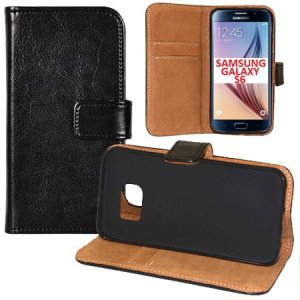 CUSTODIA FLIP ORIZZONTALE VERA PELLE per SAMSUNG SM-G920 GALAXY S6 CON INTERNO IN TPU SILICONE E STAND COLORE NERO