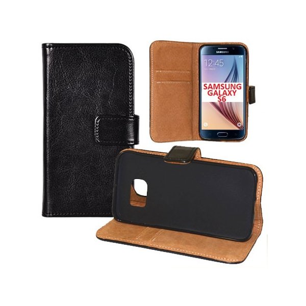 CUSTODIA FLIP ORIZZONTALE VERA PELLE per SAMSUNG SM-G920 GALAXY S6 CON INTERNO IN TPU SILICONE E STAND COLORE NERO