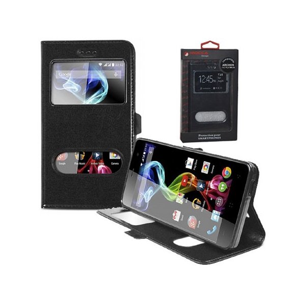 CUSTODIA FLIP ORIZZONTALE PELLE per ARCHOS 45C PLATINUM CON INTERNO IN TPU E DOPPIA FINESTRA ID COLORE NERO ALTA QUALITA' MOCCA