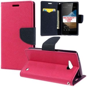 CUSTODIA FLIP ORIZZONTALE per MICROSOFT LUMIA 550 CON INTERNO IN TPU, STAND, PORTA CARTE E CHIUSURA MAGNETICA COLORE FUCSIA