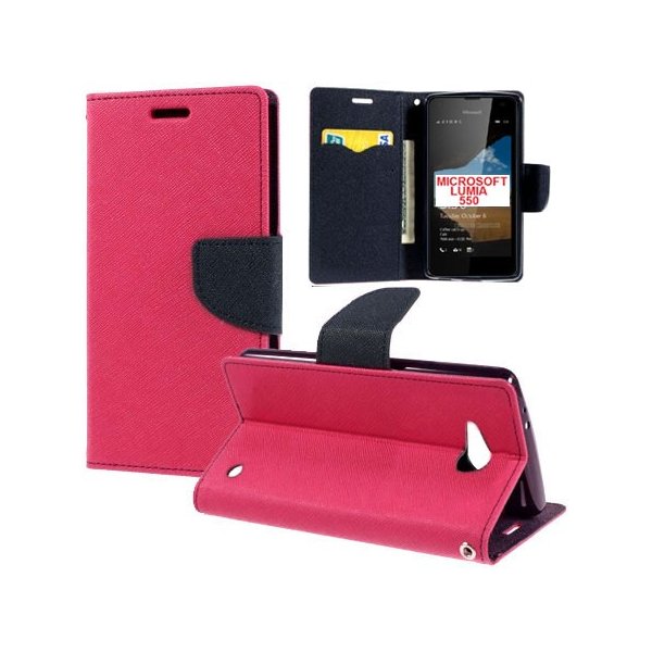 CUSTODIA FLIP ORIZZONTALE per MICROSOFT LUMIA 550 CON INTERNO IN TPU, STAND, PORTA CARTE E CHIUSURA MAGNETICA COLORE FUCSIA