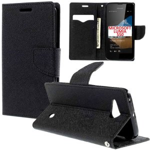 CUSTODIA FLIP ORIZZONTALE per MICROSOFT LUMIA 550 CON INTERNO IN TPU, STAND, PORTA CARTE E CHIUSURA MAGNETICA COLORE NERO