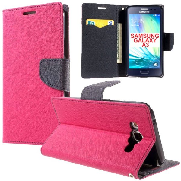 CUSTODIA FLIP ORIZZONTALE per SAMSUNG SM-A300 GALAXY A3 (NO VERSIONE 2016) CON INTERNO IN TPU, STAND E PORTA CARTE FUCSIA