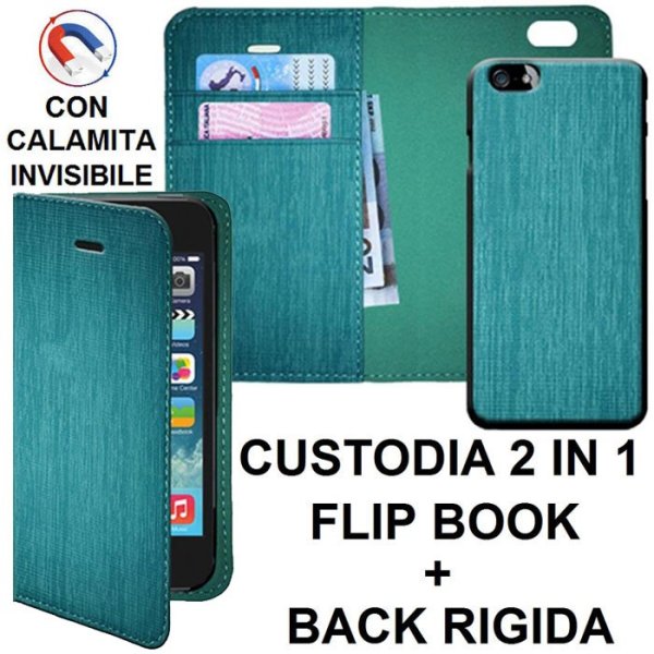 CUSTODIA FLIP ORIZZONTALE SIMILPELLE + BACK RIGIDA RIMOVIBILE per APPLE IPHONE 5, 5S CON CHIUSURA MAGNETICA INVISIBILE TURCHESE