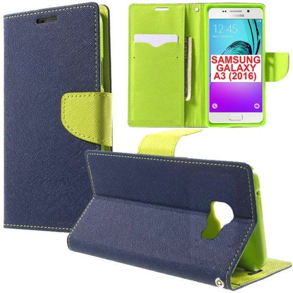 CUSTODIA FLIP ORIZZONTALE per SAMSUNG SM-A310 GALAXY A3 (2016) CON STAND, INTERNO IN TPU SILICONE E PORTA CARTE COLORE BLU