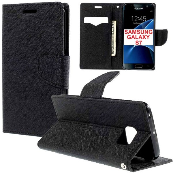 CUSTODIA FLIP ORIZZONTALE per SAMSUNG SM-G930 GALAXY S7 CON STAND, INTERNO IN TPU SILICONE E TASCHE PORTA CARTE COLORE NERO