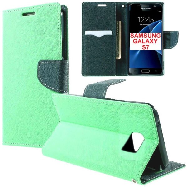 CUSTODIA FLIP ORIZZONTALE per SAMSUNG SM-G930 GALAXY S7 CON STAND, INTERNO IN TPU E TASCHE PORTA CARTE COLORE VERDE ACQUA