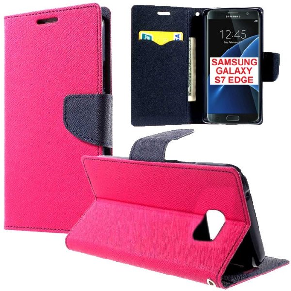 CUSTODIA FLIP ORIZZONTALE per SAMSUNG SM-G935 GALAXY S7 EDGE CON STAND, INTERNO IN TPU E TASCHE PORTA CARTE COLORE FUCSIA