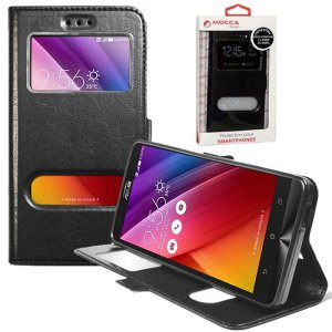 CUSTODIA FLIP ORIZZONTALE PELLE per ASUS ZENFONE 2 LASER 5" POLLICI, ZE500KL CON DOPPIA FINESTRA ID NERO ALTA QUALITA' MOCCA