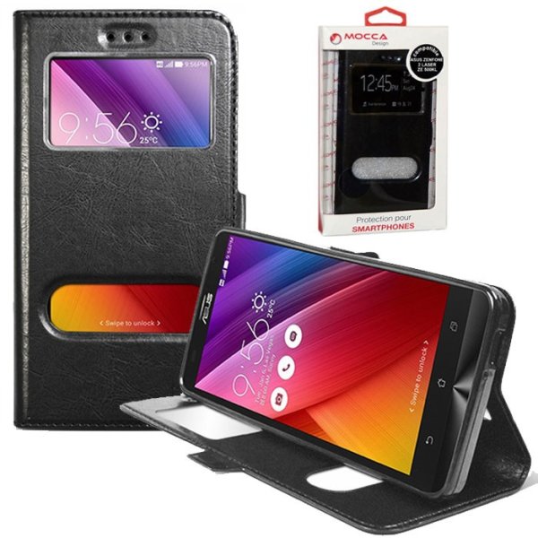 CUSTODIA FLIP ORIZZONTALE PELLE per ASUS ZENFONE 2 LASER 5" POLLICI, ZE500KL CON DOPPIA FINESTRA ID NERO ALTA QUALITA' MOCCA