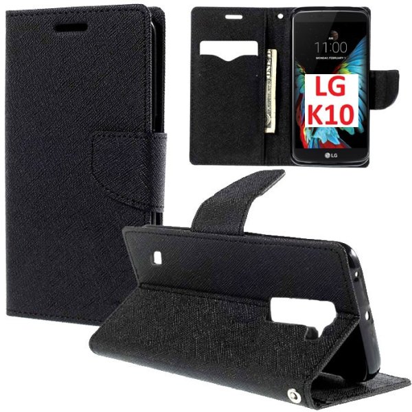 CUSTODIA FLIP ORIZZONTALE per LG K10, K420N CON INTERNO IN TPU, STAND, TASCHE PORTA CARTE E CHIUSURA MAGNETICA COLORE NERO