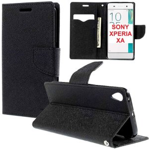 CUSTODIA FLIP ORIZZONTALE per SONY XPERIA XA, XPERIA XA DUAL CON INTERNO IN TPU SILICONE, STAND E PORTA CARTE COLORE NERO