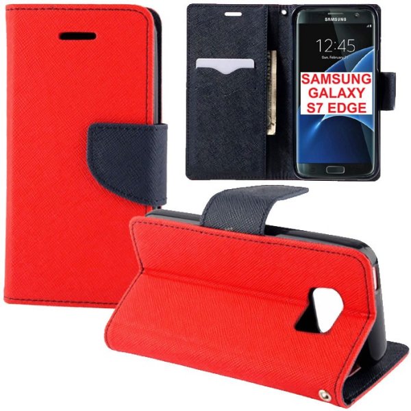 CUSTODIA FLIP ORIZZONTALE per SAMSUNG SM-G935 GALAXY S7 EDGE CON STAND, INTERNO IN TPU E TASCHE PORTA CARTE COLORE ROSSO