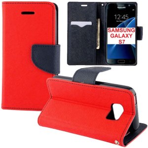 CUSTODIA FLIP ORIZZONTALE per SAMSUNG SM-G930 GALAXY S7 CON STAND, INTERNO IN TPU SILICONE E TASCHE PORTA CARTE COLORE ROSSO