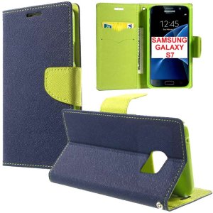 CUSTODIA FLIP ORIZZONTALE per SAMSUNG SM-G930 GALAXY S7 CON STAND, INTERNO IN TPU SILICONE E TASCHE PORTA CARTE COLORE BLU