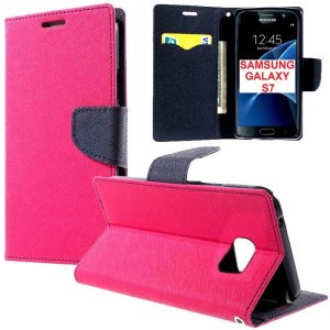 CUSTODIA FLIP ORIZZONTALE per SAMSUNG SM-G930 GALAXY S7 CON STAND, INTERNO IN TPU E TASCHE PORTA CARTE COLORE FUCSIA