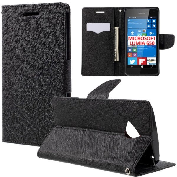 CUSTODIA FLIP ORIZZONTALE per MICROSOFT LUMIA 650 CON INTERNO IN TPU, STAND E CHIUSURA MAGNETICA COLORE NERO