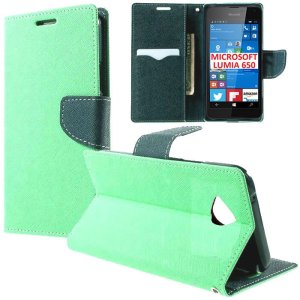 CUSTODIA FLIP ORIZZONTALE per MICROSOFT LUMIA 650 CON INTERNO IN TPU, STAND E PORTA CARTE COLORE VERDE ACQUA