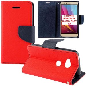 CUSTODIA FLIP ORIZZONTALE per HUAWEI HONOR 5X, GR5 CON INTERNO IN TPU SILICONE, STAND E PORTA CARTE COLORE ROSSO