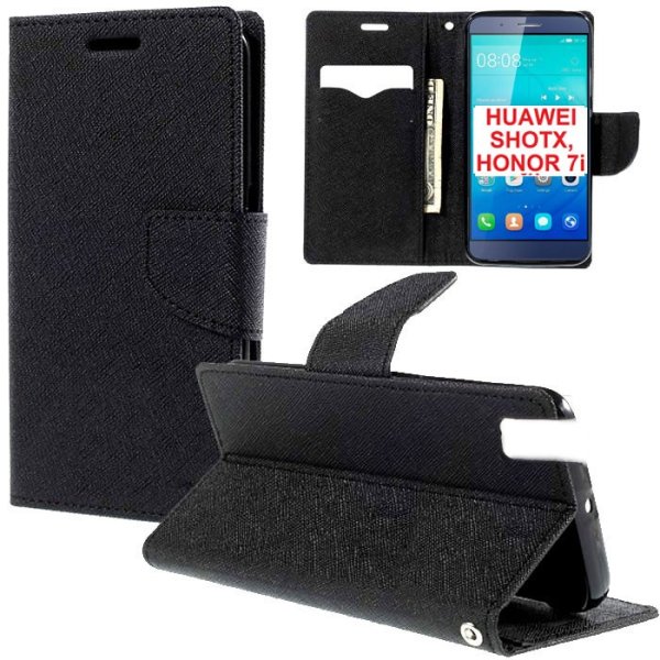 CUSTODIA FLIP ORIZZONTALE per HUAWEI SHOT X, HONOR 7i CON INTERNO IN TPU, STAND, PORTA CARTE E CHIUSURA MAGNETICA COLORE NERO