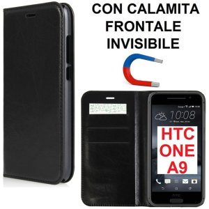 CUSTODIA FLIP ORIZZONTALE SIMILPELLE per HTC ONE A9 CON CHIUSURA MAGNETICA INVISIBILE E PORTA CARTE COLORE NERO