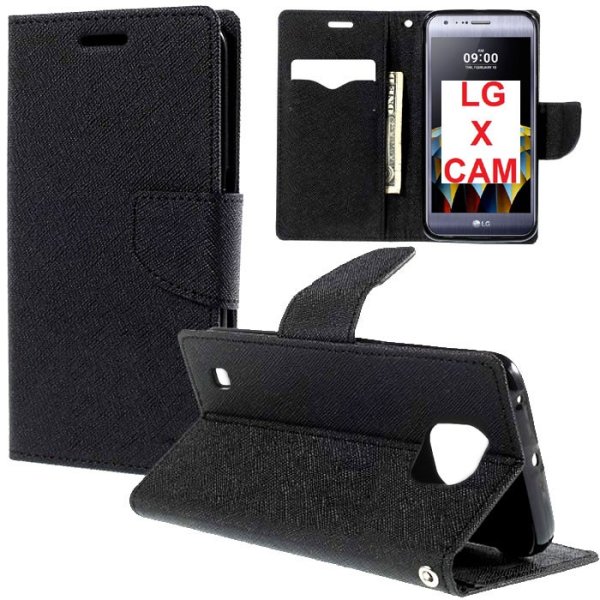 CUSTODIA FLIP ORIZZONTALE per LG X CAM (K580) CON INTERNO IN TPU SILICONE, STAND, PORTA CARTE E CHIUSURA MAGNETICA COLORE NERO