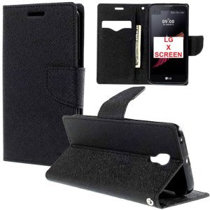 CUSTODIA FLIP ORIZZONTALE per LG X SCREEN CON INTERNO IN TPU SILICONE, STAND, PORTA CARTE E CHIUSURA MAGNETICA COLORE NERO