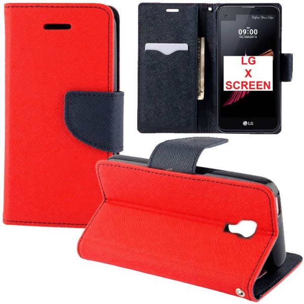 CUSTODIA FLIP ORIZZONTALE per LG X SCREEN CON INTERNO IN TPU SILICONE, STAND, PORTA CARTE E CHIUSURA MAGNETICA COLORE ROSSO