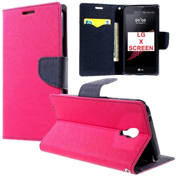 CUSTODIA FLIP ORIZZONTALE per LG X SCREEN CON INTERNO IN TPU SILICONE, STAND, PORTA CARTE E CHIUSURA MAGNETICA COLORE FUCSIA