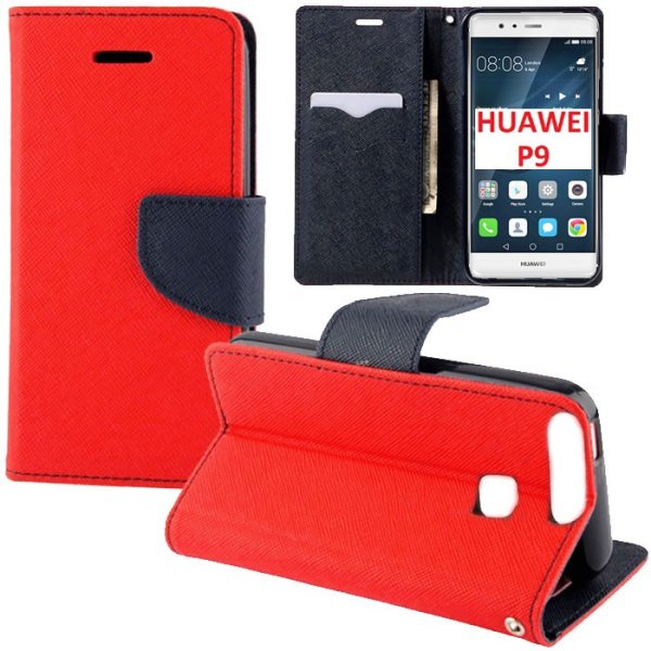 CUSTODIA FLIP ORIZZONTALE per HUAWEI P9 CON INTERNO IN TPU SILICONE, STAND, PORTA CARTE E CHIUSURA MAGNETICA COLORE ROSSO